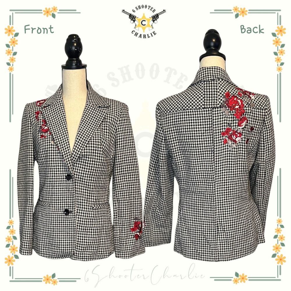 Focus Lifestyle Wool Blend Black White Houndstooth Floral Embroidery Blazer 6